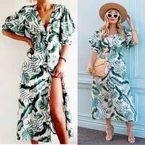 Tropical Leaf V-Neck Maxi Dress - Green/White
